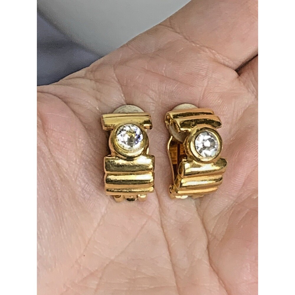 Vintage Carlisle Gold Tone Rhinestone Clip-On Earrings Retro Designer - Picture 7 of 7